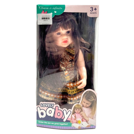 Lovely Baby 14-inch Realistic Toddler Doll with Brown Hair and Printed Boho Dress – Realistic Play Doll for Ages 3+