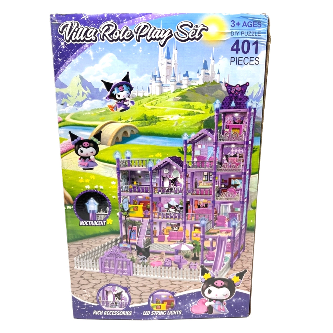 Kuromi Inspired 401-Piece DIY Villa Role Play Set – 3D Purple Dream House Puzzle with LED String Lights & Noctilucent Accessories – Ages 3+