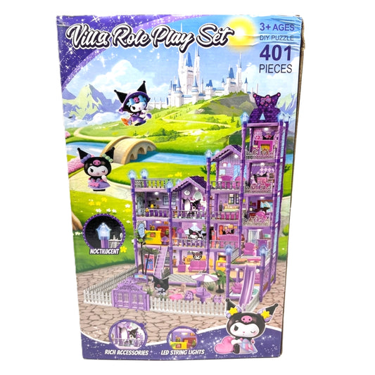 Kuromi Inspired 401-Piece DIY Villa Role Play Set – 3D Purple Dream House Puzzle with LED String Lights & Noctilucent Accessories – Ages 3+