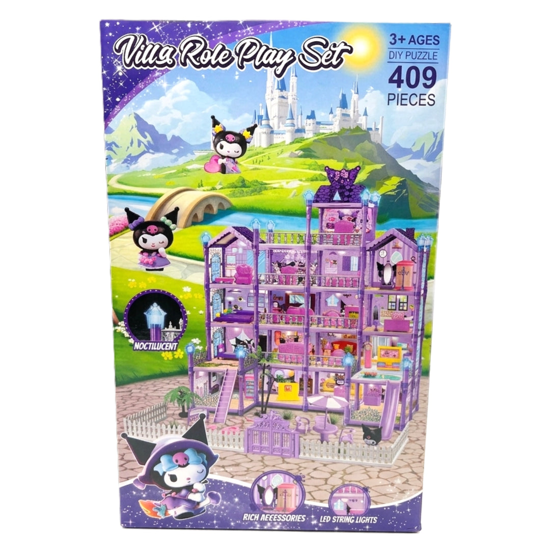 Kuromi Inspired 401-Piece DIY Villa Role Play Set – 3D Purple Dream House Puzzle with LED String Lights & Noctilucent Accessories – Ages 3+