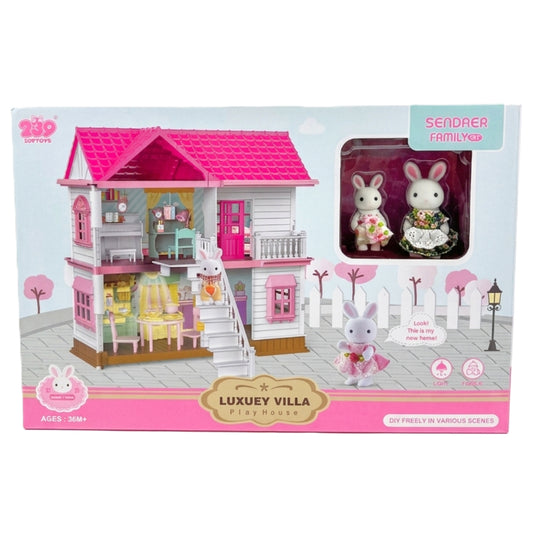 Sendaer Family Luxury Villa Dollhouse Playset - 2-Story DIY Pink Rabbit Home with Furniture and 2 Collectible Flocked Bunny Figures