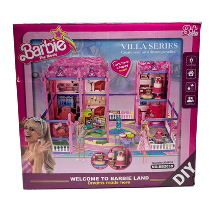 302-Piece Pink Dream Villa Building Set - DIY Dollhouse Playset with Miniature Figures & Accessories - Movie-Inspired Barbie Land Toy for Kids 3+