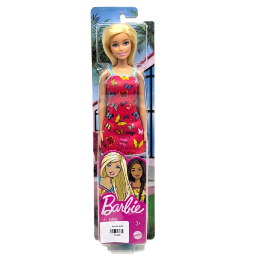 Mattel Barbie Doll in Pink Butterfly Print Summer Dress – Blonde Barbie with Blue Straps, 12-inch Toy for Ages 3+