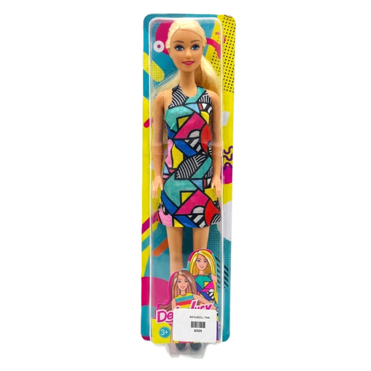Defa Lucy Fashion Doll in Geometric Multi-Color Print Mini Dress – 11.5-inch Blonde Poseable Toy Doll for Girls Ages 3+