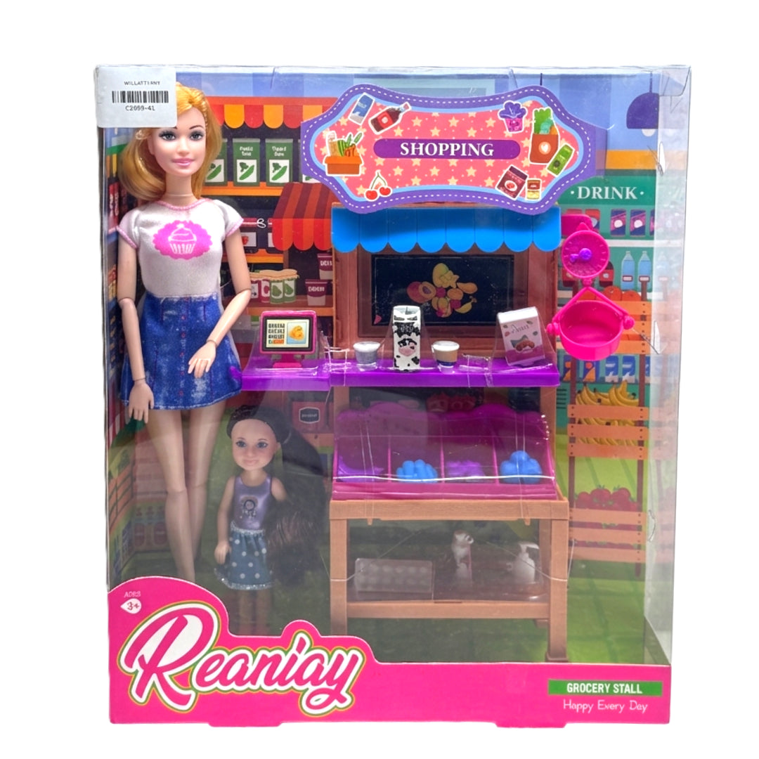Reaniay Grocery Stall Market Playset with Fashion Doll & Mini Doll - Kids’ Supermarket Shopping Toy