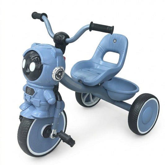 Kids Robot-Themed 3-Wheel Tricycle – Interactive Toddler Trike with Storage Basket and Easy-Grip Handlebars (Space Grey & Galactic Blue)