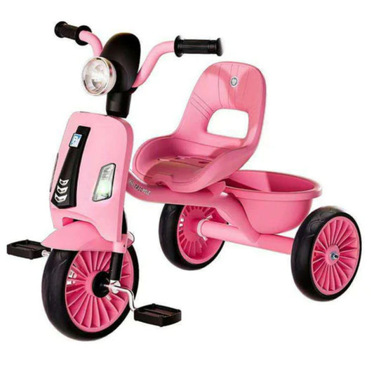 Vintage-Style Kids’ Scooter Tricycle with LED Headlight and Storage Basket – 3-Wheeled Pedaling Toy for Toddlers (Pink, Teal, and Grey)