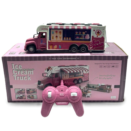 Remote Control Ice Cream Truck Toy - 2.4GHz RC Pink Food Truck with Lights, Sound & Miniature Furniture Play Set