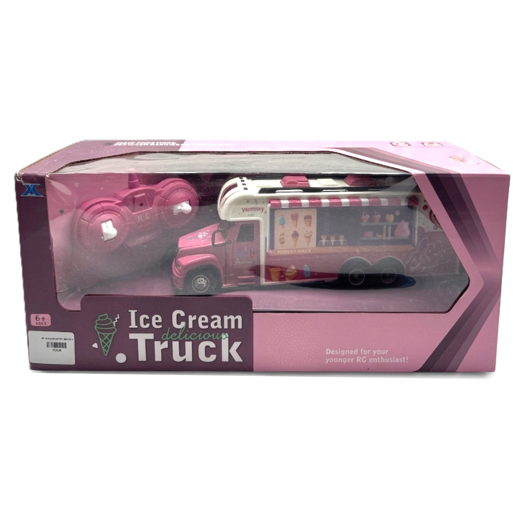 Remote Control Ice Cream Truck Toy - 2.4GHz RC Pink Food Truck with Lights, Sound & Miniature Furniture Play Set