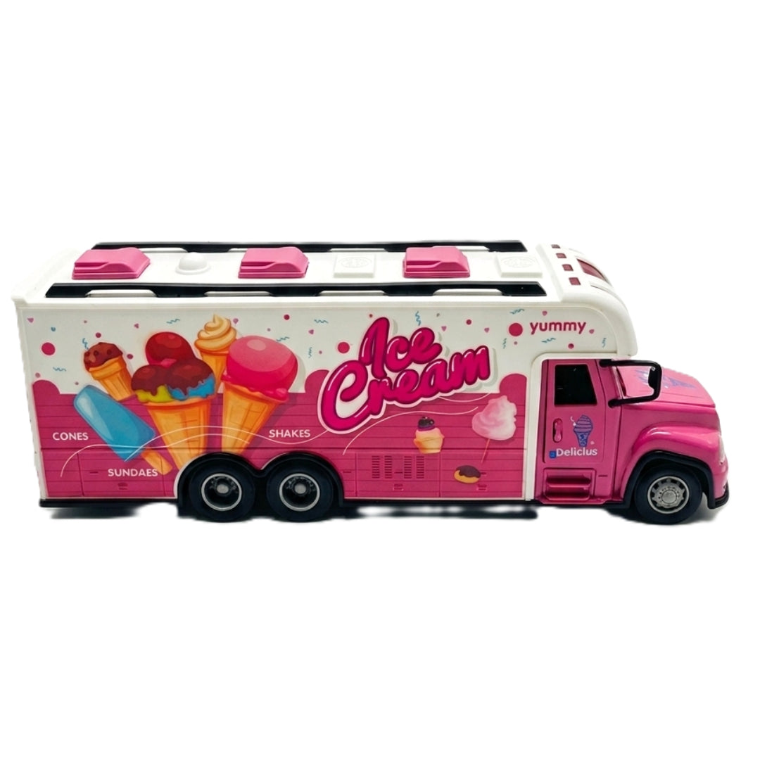 Remote Control Ice Cream Truck Toy - 2.4GHz RC Pink Food Truck with Lights, Sound & Miniature Furniture Play Set