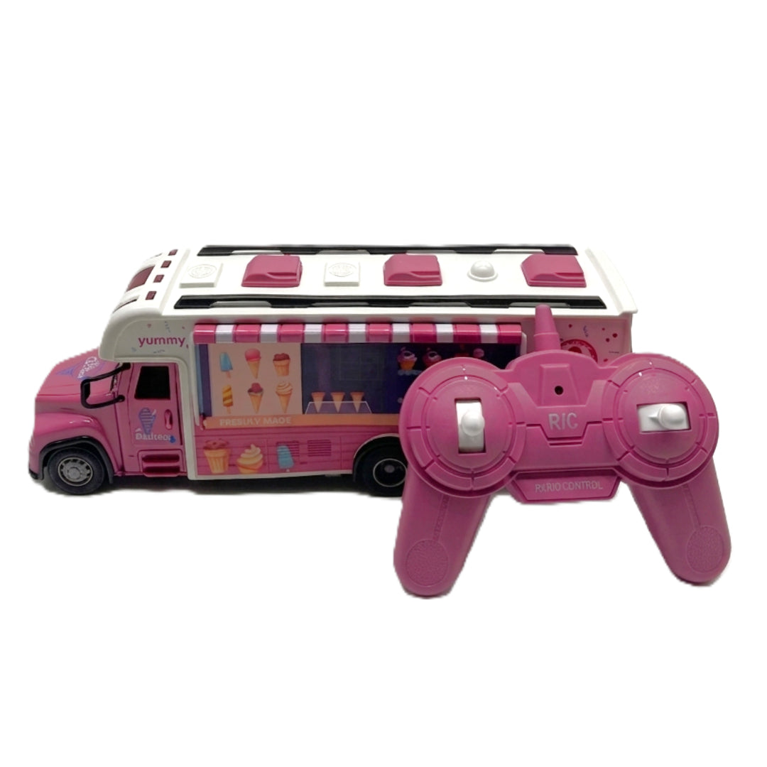 Remote Control Ice Cream Truck Toy - 2.4GHz RC Pink Food Truck with Lights, Sound & Miniature Furniture Play Set