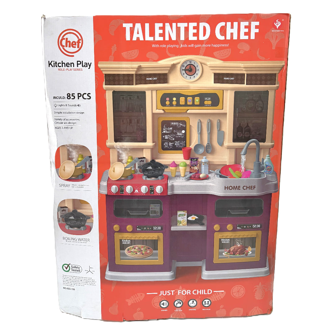 Talented Chef Kids Kitchen Playset - 85 Pcs Deluxe Pretend Play Toy with Realistic Spray, Boiling Water Sounds, Lights, and Running Water Sink - Burgundy/Beige