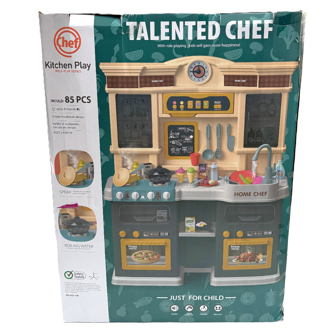 Talented Chef Kids Kitchen Playset - 85 Pcs Deluxe Pretend Play Toy with Realistic Spray, Boiling Water Sounds, Lights, and Running Water Sink - Burgundy/Beige