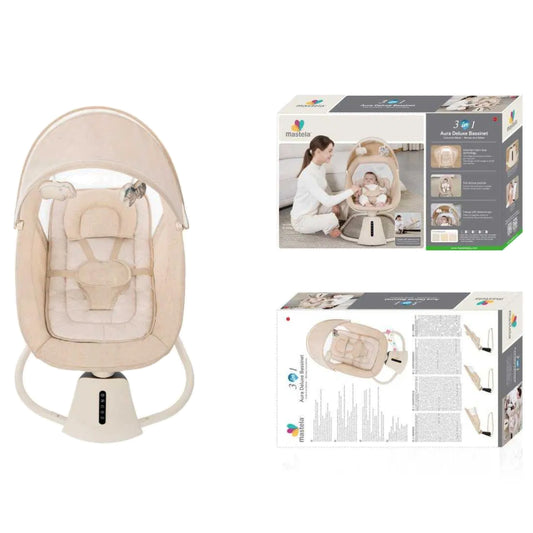 Mastela Aura Deluxe 3-in-1 Baby Bassinet & Electric Swing – Automatic Rocking Sleeper with Adjustable Recline, Music, and Mosquito Net (Khaki)