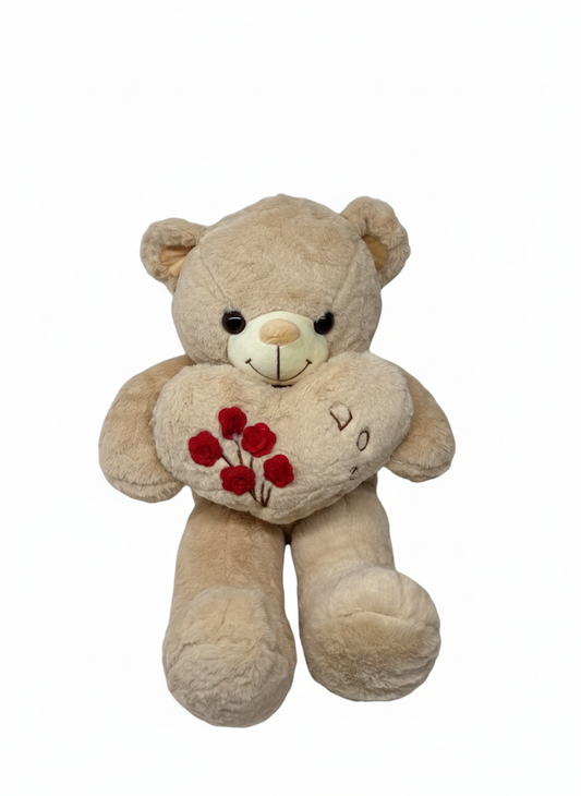 15-Inch Tan Teddy Bear with Plush Heart & Red Rose Embroidery