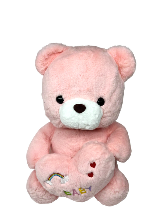 Soft Plush "Baby" Teddy Bear with Heart & Rainbow Embroidery – 19-Inch Cuddle Toy (Pink & Tan)