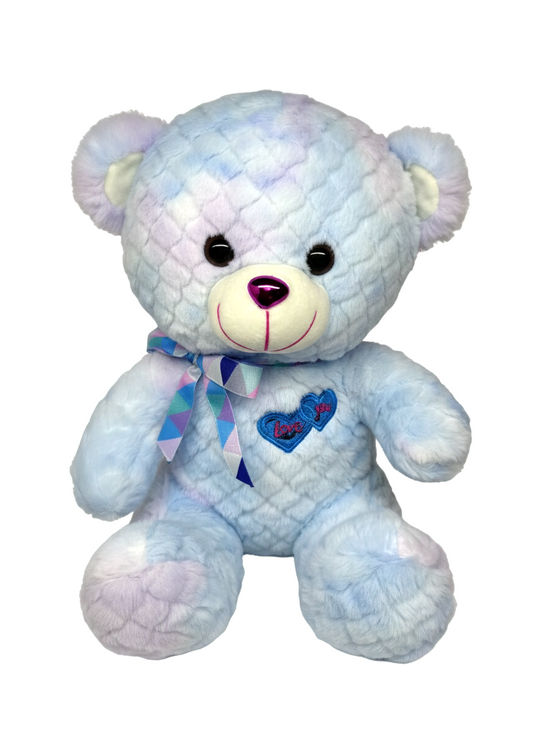 15-Inch Blue Tie-Dye Textured Teddy Bear – Soft "Love You" Plush with Heart Embroidery