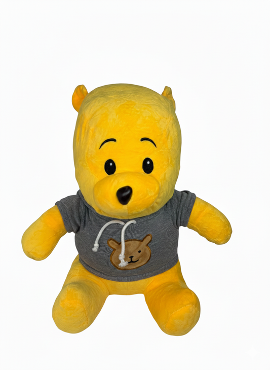 18-Inch Yellow Pooh Plush in Grey Hoodie – Soft & Cuddly Teddy Bear Toy