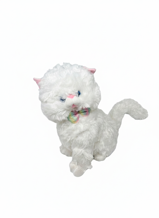 Adorable 18x22 Inch White Kitten Plush Toy – Fluffy Stuffed Cat with Rainbow Bow Tie