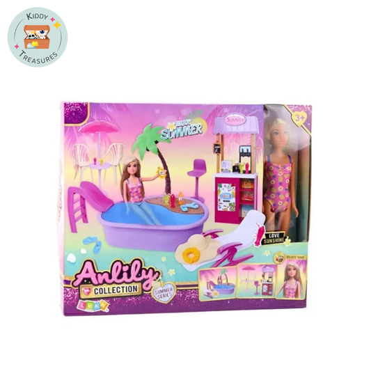 Doll Summer Pool Playset with Slide & Kitchen Counter (Ages 3+) - Kiddy Treasures