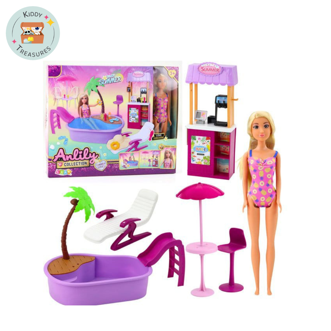 Doll Summer Pool Playset with Slide & Kitchen Counter (Ages 3+) - Kiddy Treasures