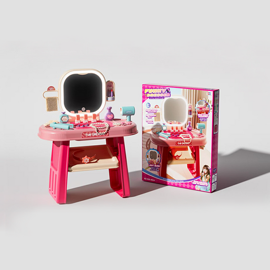 Kids Light-Up Vanity Dressing Table Set - Pink Fun Dream Play Makeup Kit with Mirror