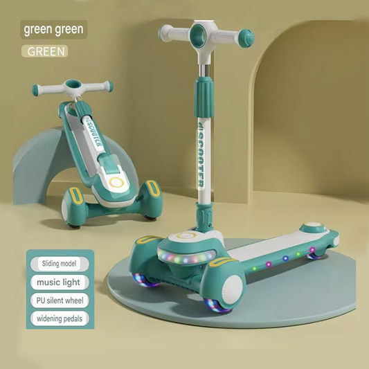 3-Wheel Kids Kick Scooter with LED Music Lights & Silent PU Wheels - Adjustable Height & Extra Wide Deck (Sage Green)