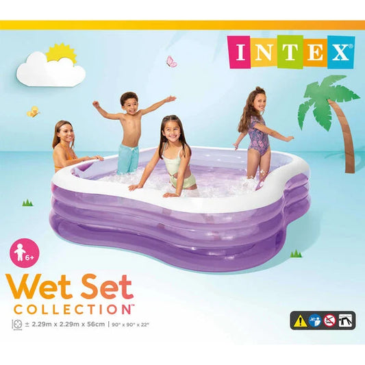 Intex Inflatable Square Family Lounge Pool – Wet Set Collection™ 3-Ring Blow Up Kiddie Pool – 90" x 90" x 22" Purple Family Pool
