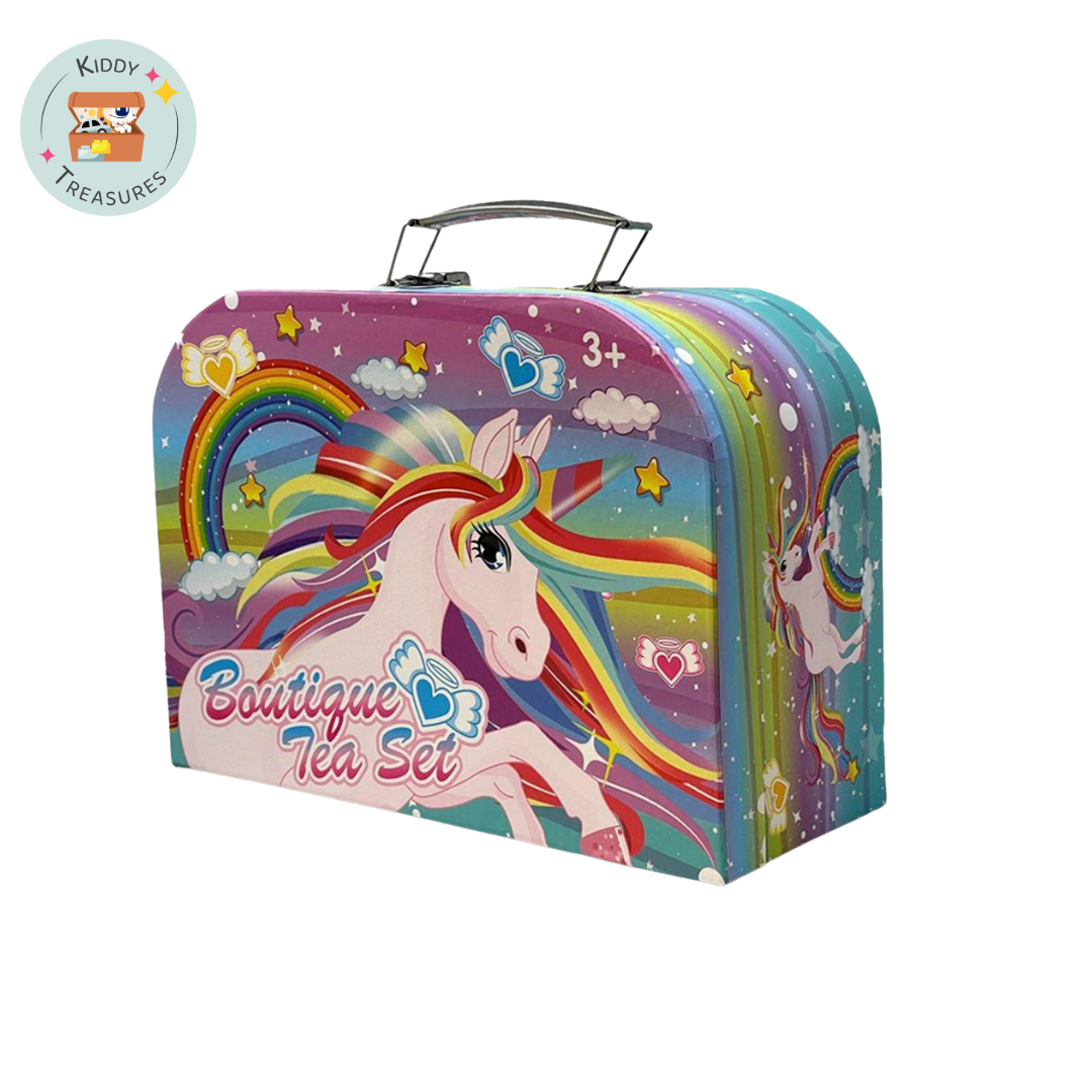 Kids Unicorn Boutique Tea Set with Teapot, Tray & Desserts — Portable Carry Case | Party Playset (Ages 3+) - Kiddy Treasures