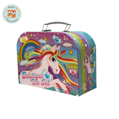 Kids Unicorn Boutique Tea Set with Teapot, Tray & Desserts — Portable Carry Case | Party Playset (Ages 3+) - Kiddy Treasures