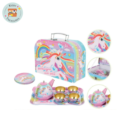 Kids Unicorn Boutique Tea Set with Teapot, Tray & Desserts — Portable Carry Case | Party Playset (Ages 3+) - Kiddy Treasures
