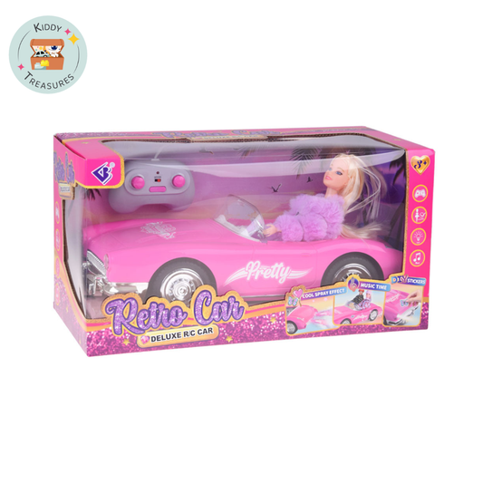Pink Retro RC Convertible Toy Car for Dolls – Deluxe Remote Control Classic Roadster with Opening Trunk & Realistic Lights – 1:12 Scale Fashion Doll Vehicle - Kiddy Treasures