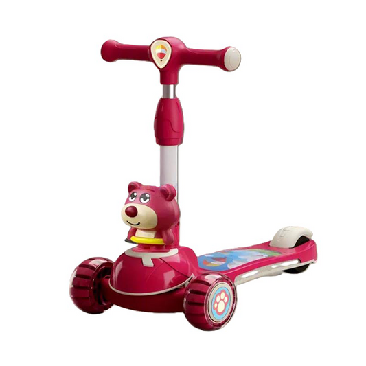3-Wheel Kick Scooter for Kids with Animated Bear Character - Adjustable Height, Lean-to-Steer & Wide Deck