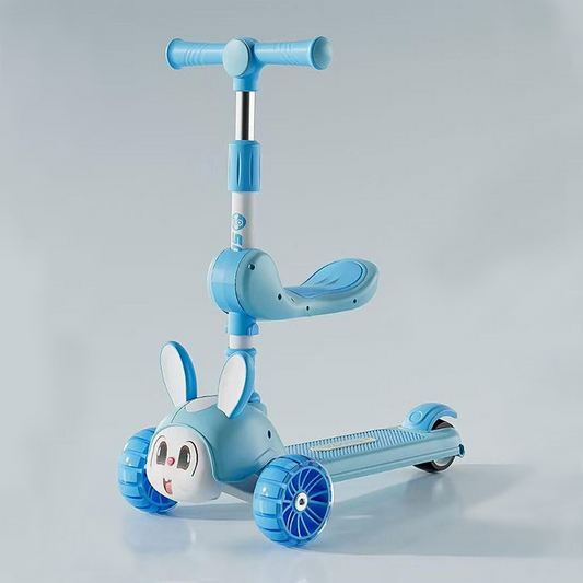 3-in-1 Bunny Scooter with Seat | Adjustable, 3-Wheel Toddler Ride-On Toy | Cute Blue Rabbit Design