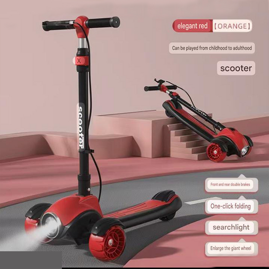3-Wheel Kick Scooter for Kids & Teens - Adjustable Height, Foldable Design with LED Searchlight & Dual Brakes (Red)