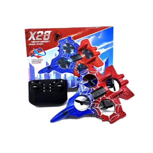 X28 Fighter Aircraft Drone – Spider Red & Blue Edition | Safe Enclosed Propeller Drone for Kids 8+